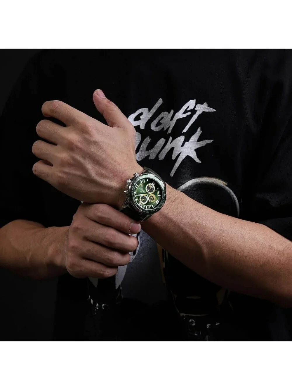 Men's Green Analog Quartz Chronograph Leather Strap Sport Fashion Wrist Watch